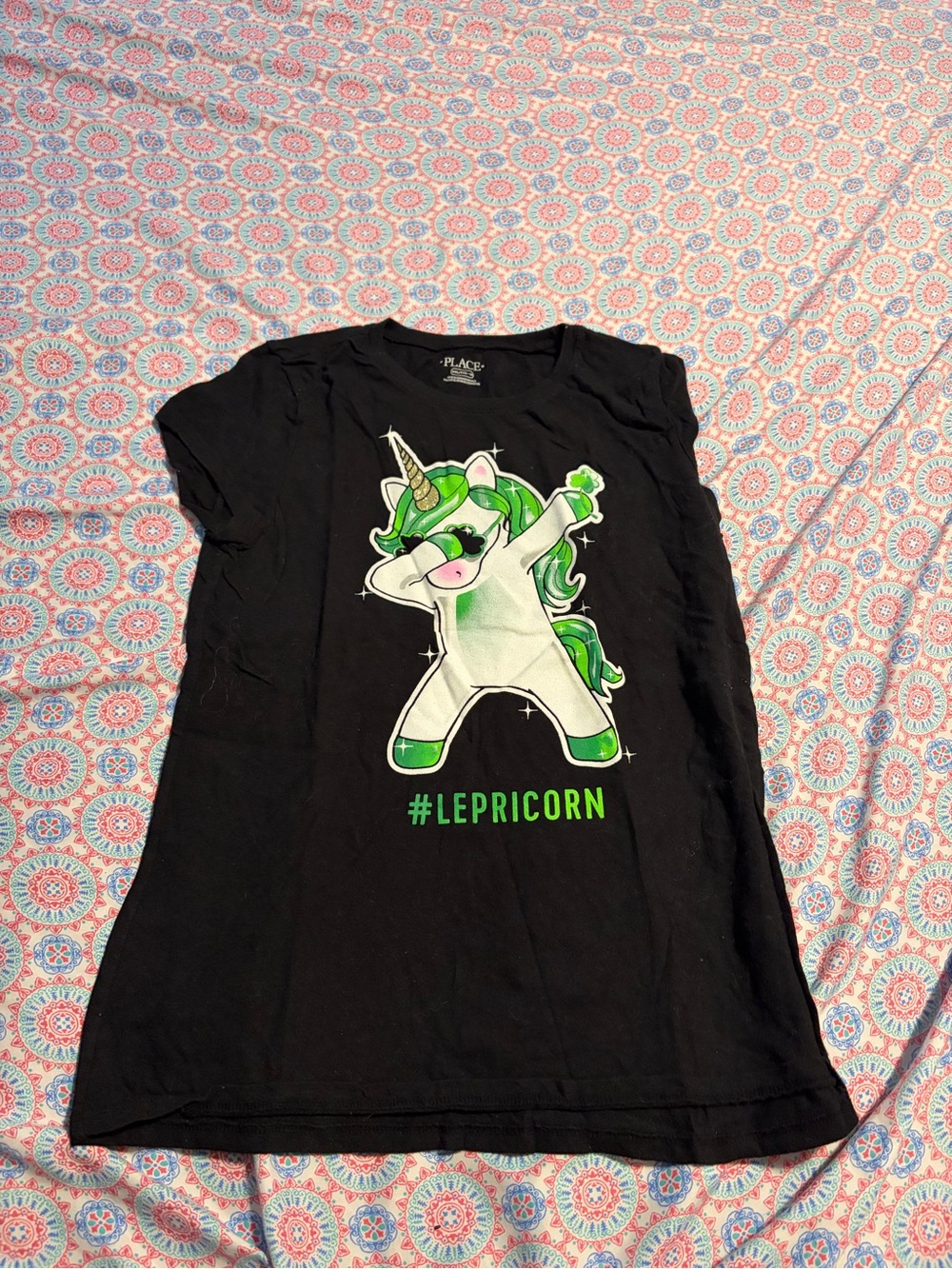 The Children's Place Black Tee with Green Dabbing Unicorn Graphic